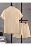 Men Beige Jacquard Detail Short Sleeve Button Front Shirt and Shorts Co-Ords - 2