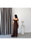 Brown Off-Shoulder Draped Lace Fabric Evening Dress - 7