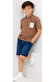 Boy's Text Patterned Embroidery Emblem Polo Collar Button Closure T-Shirt Denim Shorts Brown Color Two-Piece Set - 4