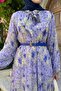 Soft Patterned Collar Belted Lilac Chiffon Dress - 3