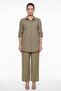 Women's Khaki Summer Striped Embroidery Detailed Top and Bottom Set