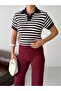 Cotton Striped Polo Collar Short Sleeve Knit Sweater - 4