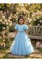 Girl's Blue Rose Detailed Crop Dress, Girl's Evening Dress, Party Dress