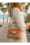 Earth Tone Straw Texture Exotic Bamboo Handle Natural Knitted Vegan Leather Flap Cover Hand Shoulder Bag - 8