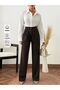 Women's Brown High-Waisted Pleated Palazzo Fabric Trousers - Seasonal Comfortable Fit