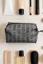 Anthracite Text Patterned Zippered Makeup Bag Faux Leather Cosmetic Organizer Unisex Use - 6