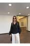 Women's Black New Season Design Stylish Ruffled Shirt Blouse with Front String Tie Detail - 2