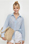 Women's Blue Laser Embroidered Openwork Striped Seersucker Shirt Dg261031 60286237 - 3