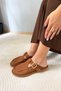 Women's Bohemian Tan Suede Genuine Leather Round Toe Slippers with Buckle Detail - 6