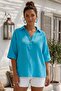 Turquoise Shirt Collar Buttoned 3/4 Sleeve Casual Muslin Oversize Woven Blouse 67 65 - 4
