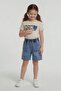 Beige Heart Embroidered Badili Jean Shorts Girls' Set 24053 - 2