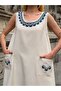 Blue Embroidered Linen Dress with Pocket - 3