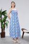 Patterned Cotton Long Summer Women's Dress with Shoulder Straps and Gathered Details - 4