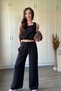 Tencel Fabric Crop Blouse Pants Black Set - 2