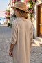 Women's Alaçatı Linen Beige Washed Linen Dress with Half Placket and Pockets - 3