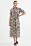 Women's Short Sleeve Belted Floral Patterned Viscose Black Dress - 5