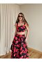 Red Floral Patterned Crop Blouse Skirt Set - 7273 - 3