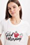 Women's Regular Fit Classic Cut Cotton Crew Neck Short Sleeve Printed White Pajama Set - 4