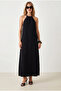 Women's Black Halter Neck Chain Decorated Maxi Flowy Dress Elb-19002649 - 3