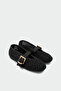 Moreno Buckle Detailed Straw Women's Black Flat Ballerinas - 3