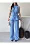 Women's Belt Detailed Loose Cut Satin Look Double Set - 8