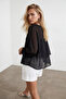 Women's Black Boat Neck Cape-Cut Draped Chiffon Blouse with Draped Cuffs Alc-X15529 - 4