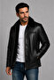 Genuine Leather Men's Leather Coat Jacket with Shearling Fur Detail