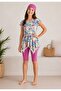 Girl's Top, Cap, Tights 3-Piece Tropical Pattern Semi-Hijab Sea Pool Swimsuit Set