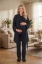 New Season Black Maternity Summer Pajama Set with Pompom Detail, Special Design Short Sleeve Dressing Gown Pajama Set - 3