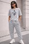 Women's / Girls' Oversize Grey Rose Thsort Tracksuit Set - Rose Printed Oversize T-Shirt & Jogger Pants