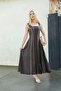 White Stripe Detailed Flared Linen Fabric Coffee Dress with Pockets - 8