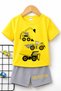 Excavator Printed Children's Yellow T-Shirt - Gray Shorts Set - Children's Summer Crew Neck