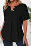 Women's Short Sleeve Notched V Button Detail V Neck Front Pleated Imported Linen Blouse - 3