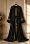 -Emerald Black Jacquard Abaya with Gold Trim Detailing - 6