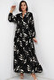 Women's Patterned Long Hijab Dress 1155 - Y.Black - 4