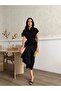 Women's Short Sleeve Belt Detailed Buttoned Tencel Fabric Black Dress - 6