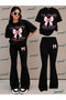 Summer Black Spanish Flared Pants and T-Shirt, I'M Just a Gırl Pink Big Ribbon Print Design Kids Girls Set