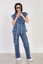 Women's Studded Sleeves Belted Waist Vest - Dark Blue - 3