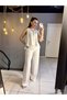 Women's White Color Cycle Collar Sleeveless Asymmetric Ruffled Linen Blouse - 7