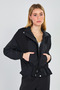 Women's stand collar zip-up jacket with waist tie - black