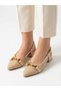Women's Cream Thick Heel Comfortable Fit Heeled Ballerina Shoes
