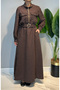Belted Half Zipper Double Pocket Chic Line Striped Dress 5161 Brown - 2