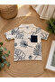 100% Cotton Boys' Leaf-Patterned Muslin Fabric Polo Collar T-Shirt & Muslin Fabric Black Shorts Set - 3
