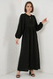 Women's Black Hijab Dress with Belted Balloon Sleeves and Baglama Detail - 3