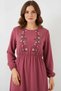 Women's Round Neck Gathered Waist Ruffled Hem Embroidered Dusty Rose Hijab Dress - 2