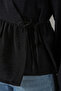 Women's V-Neck Gathered Side Tie Long Sleeve Viscose Black Blouse - 4