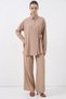 Women's Shirt Collar, Gathered Waist, Lace-Up Viscose Beige Double Set - 5