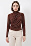 Women's Turtleneck Gathered Light Brown Blouse
