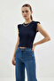 Women's Round Neck Ruffled Sleeve Navy Blue Blouse