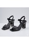 (Wiesse) Women's Wide Heeled Shoes with Stone Detail Black - 2